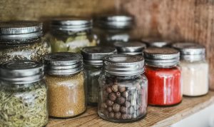 Spices jars on a shelf